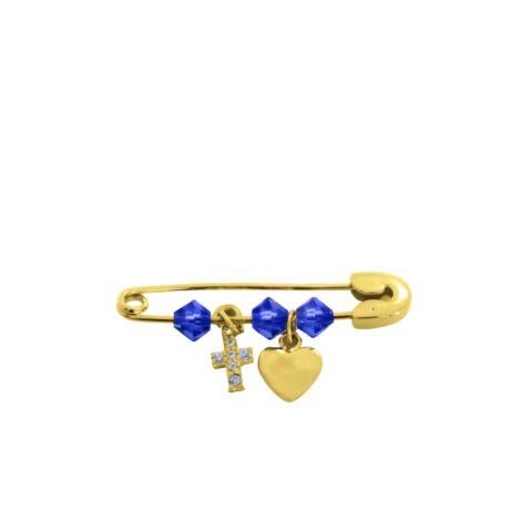 Χρυσή παραμάνα Κ14 με καρδούλα, σταυρό και μπλε πέτρες swarovski