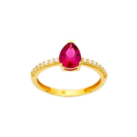 Χρυσό δαχτυλίδι Κ14 με κόκκινη πέτρα swarovski σε κοπή πουάρ και λευκές πέτρες swarovski