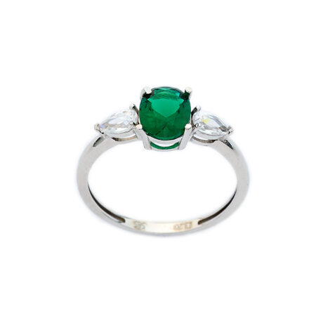 Λευκόχρυσο δαχτυλίδι Κ14 με οβάλ πράσινη πέτρα swarovski και λευκές πέτρες swarovski σε κοπή πουάρ