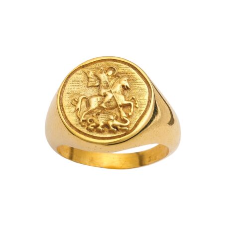 Χρυσό δαχτυλίδι Κ14 Άγιος Γεώργιος σεβαλιέ με εξώγλυφη αναπαράσταση του Αγίου Γεωργίου