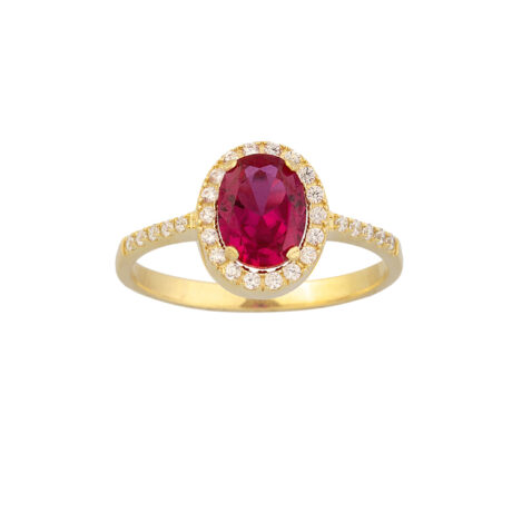 Χρυσό δαχτυλίδι Κ14 ροζέτα με οβάλ κόκκινη πέτρα swarovski και λευκές πέτρες swarovski